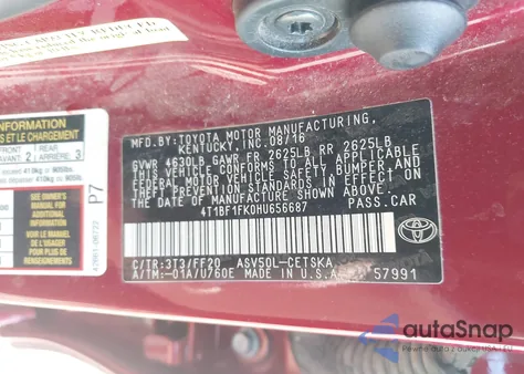 2017 Toyota Camry Se z USA, uszkodzony, nr VIN 4T1BF1FK0HU656687